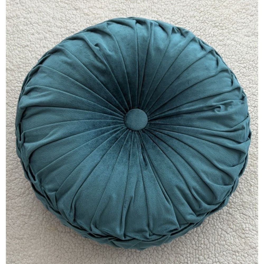 Round Velvet Throw Pillow Pumpkin Teal Blue Green Tufted Pleated Cushion Decor - Picture 3 of 16
